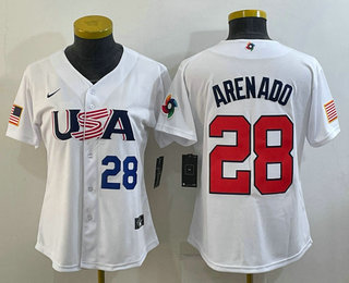 Women%27s USA Baseball #28 Nolan Arenado Number 2023 White World Classic Replica Stitched Jerseys